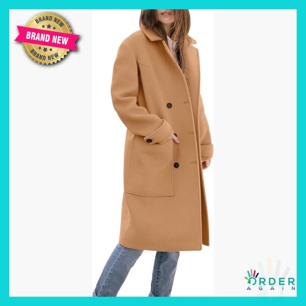Classic Wool Pea Coat Double Breasted Trench Overcoat Relaxed Fit Knee Length